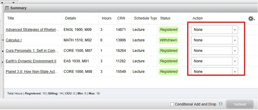 Detail of the Banner Self Service - Student process with None selected as the action for each class.