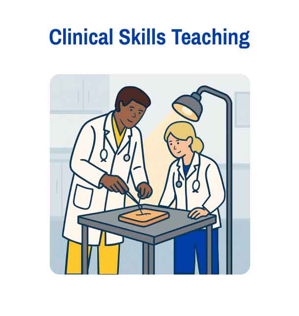 Image of an attending physician demonstrating suturing to a trainee in a clinical environment