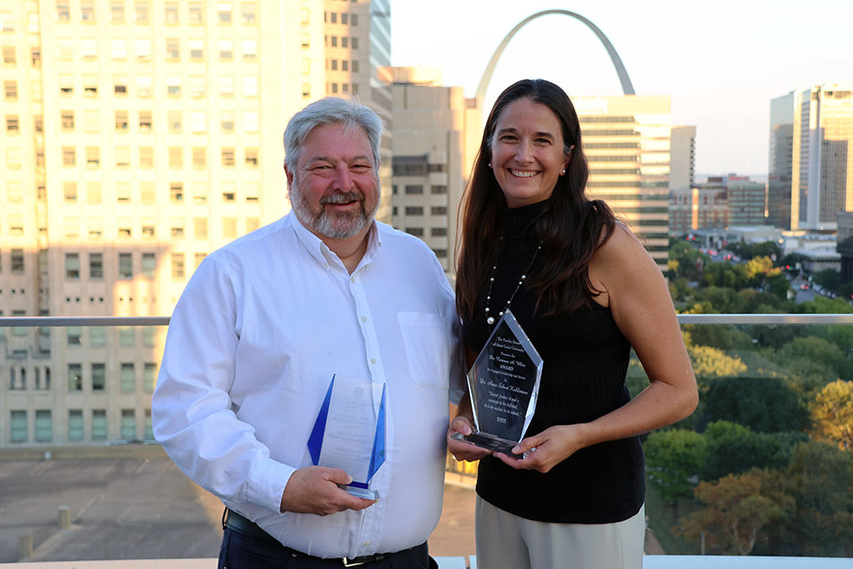 David Kaplan, Ph.D., left, and Anne K. Sebert Kuhlmann, Ph.D., were honored at the Faculty Senate Kickoff Dinner on Tuesday, Sept. 16, 2025..  